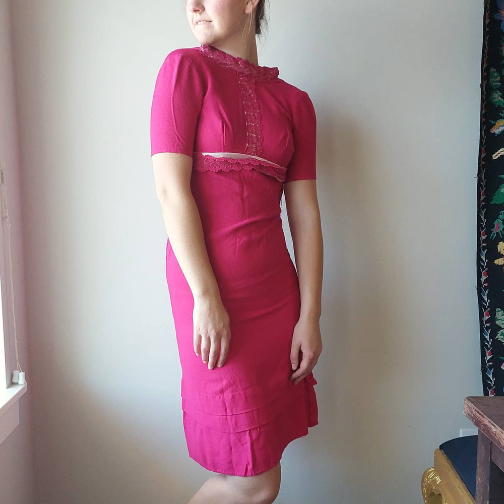 Vintage 60s Hot Pink Mod Empire Waist Dress Lace Trim